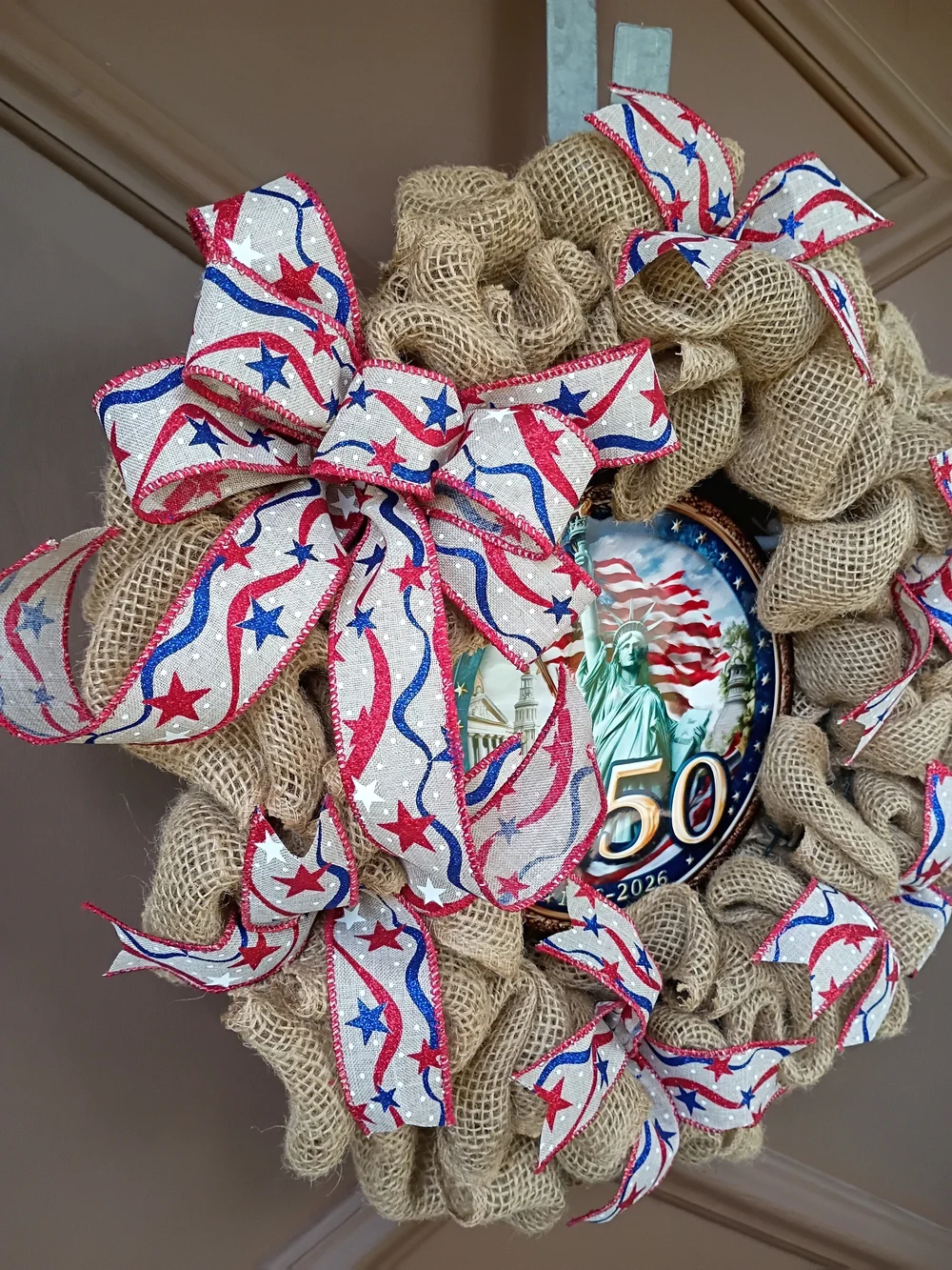 Patriotic Burlap Holiday Wreath with Red, White & Blue Ribbon